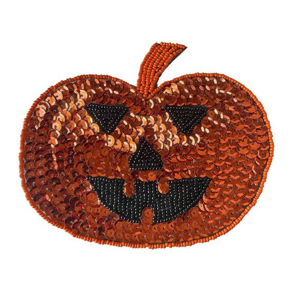 Sequin & Beaded Jack-O’-Lantern Pumpkin Patch – Halloween Appliqué NWOT - Picture 1 of 3